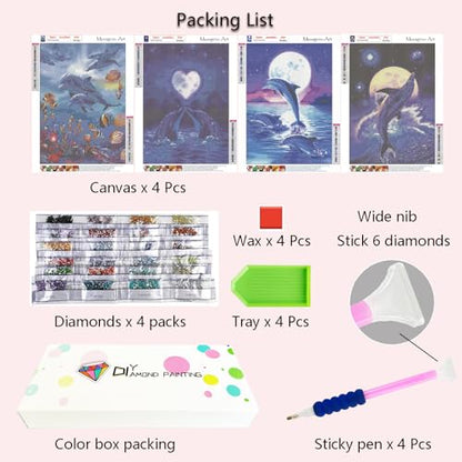 Muzagroo Art 4 Pack Diamond Paintings Kits for Adults 5D Diamond Art DIY with Round Full Drill Diamonds for Beginners Dolphins Diamond Wall Art for Living Room - color: 01-Dolphins