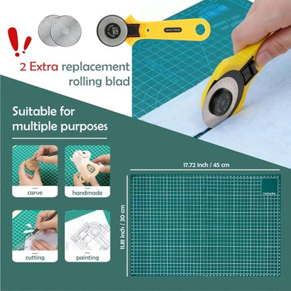 Rotary Cutter Set with A3 Self-Healing Cutting Mat, 2 Blades, Slotted Quilting Ruler – Complete Kit for Fabric Cutting, Quilting, Patchwork, Sewing & DIY Crafts