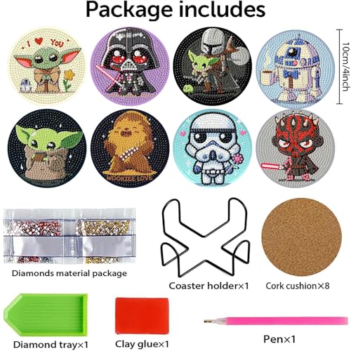 nekpiahu 8 PCS Cartoon Diamond Art Coasters Kits, Diamond Painting Coasters with Holder, DIY Cartoon Life Coaster Diamond Art Kits for Adults, Beginners Round Full Drill Diamond Art Craft Supplies - color: BDWY481
