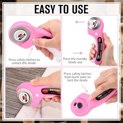Lothee 12 Set 45mm Rotary Cutter for Fabric, Ergonomic Handle Rolling Cutter with Safety Lock for Fabric, Sewing, Quilting, Cloth, Paper, Leather, Arts Crafts Dressmaking(Pink) - color: Pink