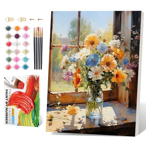 PRASIO Framed Paint by Numbers Kit for Adults Beginner, Flowers Adult Paint by Number Kits on Canvas Framed, DIY Acrylic Watercolor Oil Paint by Numbers with Frame for Gift Home Decor 16x20 Inch - color: XM-OP-F-WindowYellowFlower-4050