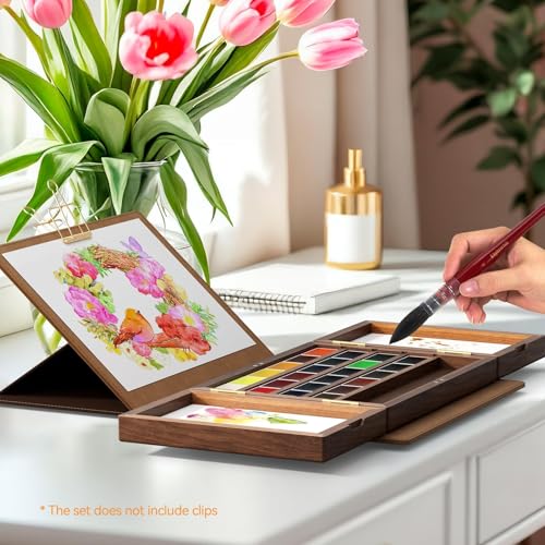 Watercolor Paint Set 24 Vibrant Colors with Walnut Wood Palette,Adjustable Angles Artificial Leather Sheath Portable Travel Watercolor Palette Set for Artist - color: Brown
