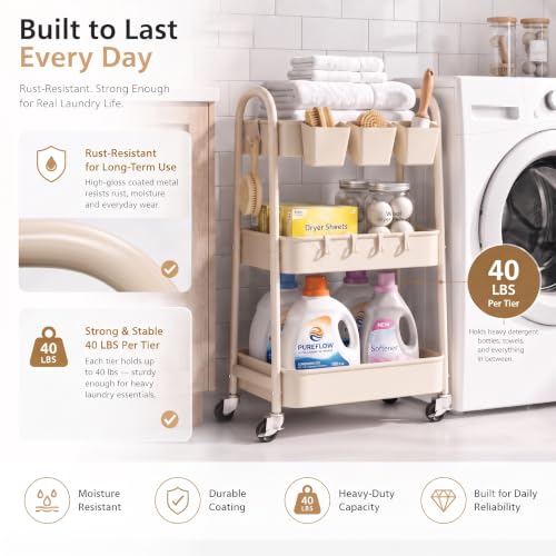 Beige 3 Tier Rolling Cart Metal on Wheels, Three Tiered Storage Organizer Utility Trolley with Wheels for Art, Craft, Baby Diaper Caddy, Snack, Book, Nail, Lash, Cleaning Supplies, Kitchen, Bathroom - color: Light Beige