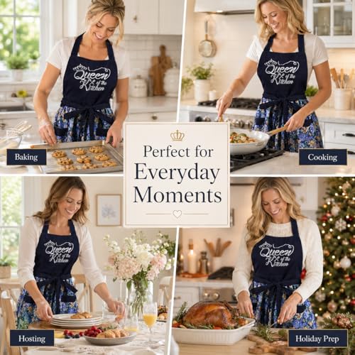 Cute Floral Apron for Women with Pockets, Cotton, Adjustable Straps - color: Navy Blue