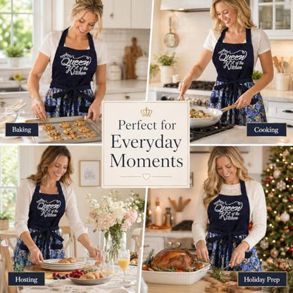 Cute Floral Apron for Women with Pockets, Cotton, Adjustable Straps - color: Navy Blue