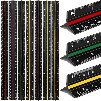 Macarrie 10 Pcs Architectural Scale Ruler 12" Architect Engineers Scale Triangular Ruler Set Aluminum Metal Rulers with Imperial Measurements for Architect School Student Draftsman Engineer (3 Colors) - color: 3 Colors