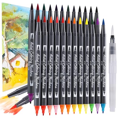 TOSHARE 24 Colors Blendable Watercolor Markers for Adults 2026 Professional Double Tip Paint Pens with 1 Water Brush Pen Water Based Coloring Pens Drawing Markers Set with Flexible Brush Tip - color: 24+1 Water Brush Pen