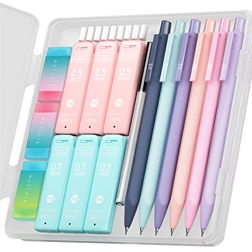 Four Candies Cute Mechanical Pencil Set, 6-Pack 0.5/0.7mm | 360 Lead Refills, 3 Erasers, 9 Eraser Refills, Storage Case, Back to School Supplies for Girls, Pastel Aesthetic Stationery - style: 0.5mm + 0.7mm