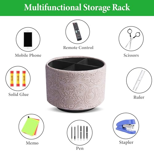 Round Leather Art Supply Organizer,Remote Control Holder,360 Degree Spinning,Multi-Functional Pencil Holder,4 Compartments Desktop Stationary Organizer(1-Carved White) - color: 1-Carved White