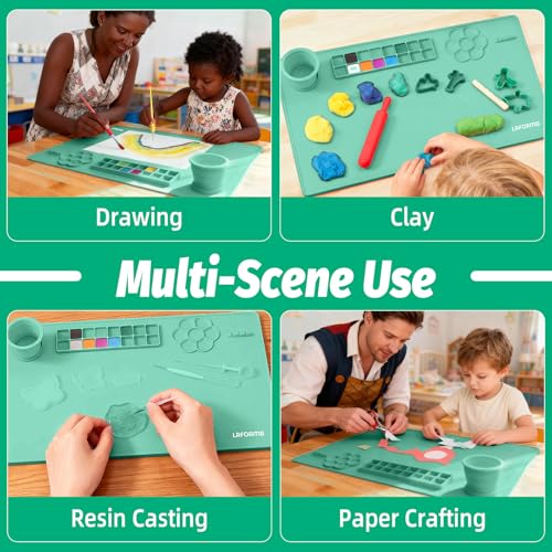 Silicone Painting Mat, 23.6x15.8in Art Drawing Mat with Brushes | For children DIY art watercolor clay use, table protection craft mat, painting station with cup palette cleaning cup, green - color: Green