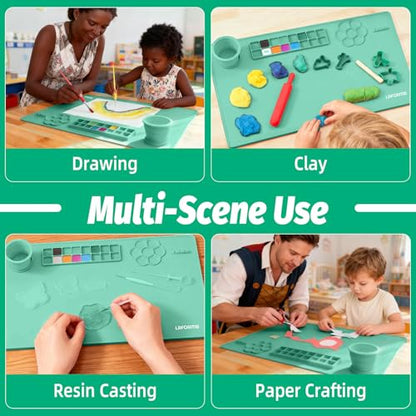 Silicone Painting Mat, 23.6x15.8in Art Drawing Mat with Brushes | For children DIY art watercolor clay use, table protection craft mat, painting station with cup palette cleaning cup, green - color: Green