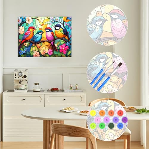 RICUVED Birds Paint by Numbers Kit for Adults Beginner Framed with Wooden Easel, Colorful Adults' Paint-by-Number Kits on Canvas, Flowers DIY Easy Acrylic Oil Painting by Numbers for Home Decor 8x12in - color: OMS064