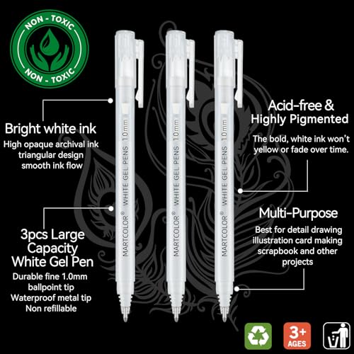 MARTCOLOR White Gel Pens, 3 Pack 1.0mm Extra Fine Point White Gel ink Pens | Opaque Archival Ink Pen for Black Paper Drawing, Art Highlight, Illustration, Bullet Journaling, Card Making & DIY Projects - style: White - 1.0mm
