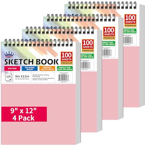WINNER 9" x 12" Sketch Book 4 Pack, 400 Sheets Spiral Bound Art Sketchbook, 68lb/100gsm White Acid Free Drawing Pad, Sketching Drawing Writing Sketch Pad for Kids, Adults, Art Supplies, Pink - color: Pink, size: 9"x12"