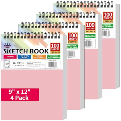WINNER 9" x 12" Sketch Book 4 Pack, 400 Sheets Spiral Bound Art Sketchbook, 68lb/100gsm White Acid Free Drawing Pad, Sketching Drawing Writing Sketch Pad for Kids, Adults, Art Supplies, Pink - color: Pink, size: 9"x12"