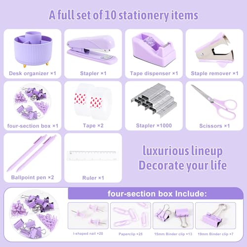 Gawsey Purple Desk Organizers and Accessories with Desk Organizer 360° Rotating Pen Holder and Office Supplies, Cute Stationery Supplies Set - color: A Purple