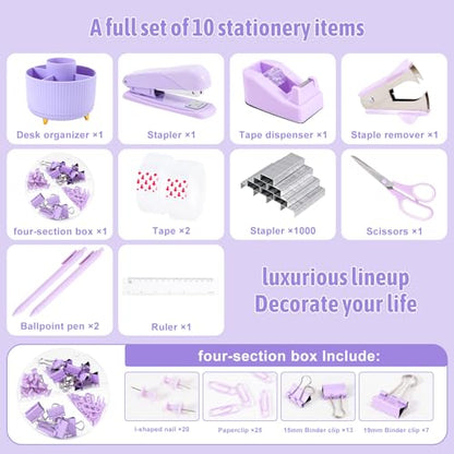 Gawsey Purple Desk Organizers and Accessories with Desk Organizer 360° Rotating Pen Holder and Office Supplies, Cute Stationery Supplies Set - color: A Purple