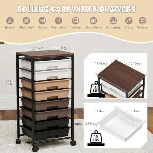 Rolling Cart with 8 Drawers, Storage Drawers Cart with Wooden Tabletop and Lockable Wheels, Craft Storage for Living Room, Office, Classroom, Craft Room, Bedroom (Brown) - color: Brown