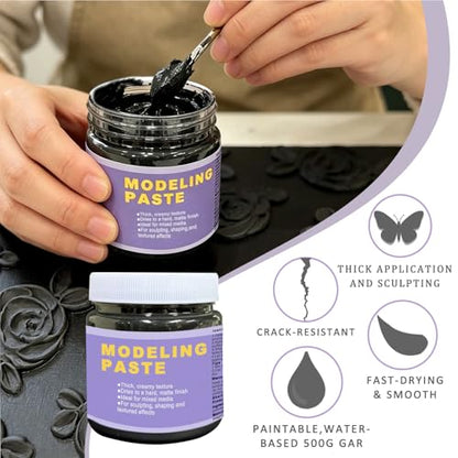 Black & Golden Acrylic Modeling Paste & 5pcs Piping Bags Bags & Squeegee with Teeth, Acrylic Medium for Texture Art, Texture Paste for Acrylic Painting, Canvas, Sculpture, Art Projects, 3D Effect - color: Black & Golden Modeling Paste + 5pcs Bags+ 2pcs To