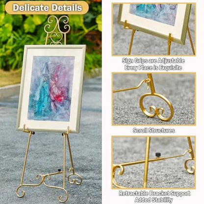 Metal Large Free Standing Adjustable Display Stand Scroll Easel with Chain Support, Gold Easel Stand for Sign, Heavy Duty Easel for Mirror, Wedding, Picture Frame (No Installation Required) - style: Scroll-Gold