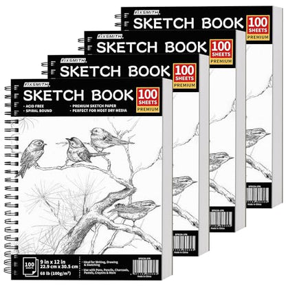 FIXSMITH 9"X12" Sketch Book, 100 Sheets, 68 lb/100gsm, 4 Pack Black | Acid Free Drawing Paper | Spiral Bound Artist Sketch Pad | for Kids, Beginners, Artists & Professionals | Bright White - color: Black, size: 9"x12"-4 Pack