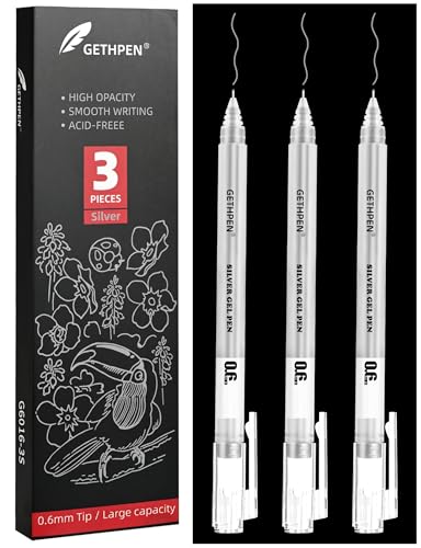 GETHPEN 3-Pack Silver Gel Pens, 0.6mm Fine Point Opaque Archival Ink Pens | Metallic Gel Ink Pens for Black Paper, Artists Drawing, Sketching, Adult Coloring Books, Card Making, Bullet Journaling - size: 0.6 mm, style: 3 Pack Silver