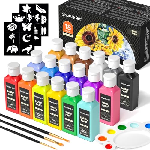 Shuttle Art Fabric Paint, 18 Colors Permanent Soft Fabric Paint in Bottles (60ml/2oz) with Brushes, Palette, Stencils, Non-Toxic Textile Paint for T-Shirts, Shoes, Jeans, Bags, DIY Projects&Art - color: Regular, size: 2 Fl Oz (Pack of 1)