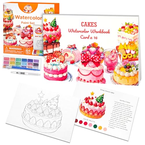 Beautiful Watercolor Book for Beginners, Water Coloring Book with 300GSM Paper, Glitters Colors Watercolor Paint Set with Brush, Watercolor Paint Book for Adults (Cake) - color: Cake