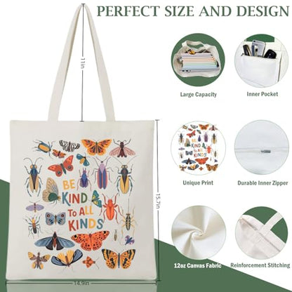 Canvas Aesthetic Tote Bag for Women with Inner Pocket Totes Shoulder Book Bag Shopping Reusable Grocery Bags - color: Be Kind to All Kinds