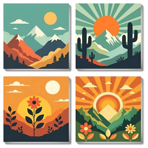 4 Pack Framed Paint by Numbers Kit for for All Ages Adults & Beginner and Kids, Easy Sunset Landscape Paint by Number with Canvas Paints Brushes, Acrylic Oil Painting Arts Crafts for Decor 8 x 8 Inch - color: BKH2155+BKH2156+BKH2157+BKH2158