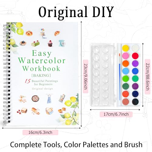 Watercolor Workbooks, 16 Colors Water Color Books Paint Set for Adults, Watercolor Coloring Book for Beginners, Water Color Workbook, 15 Beautiful Paintings for Beginners (Baking) - color: Baking, size: with palette