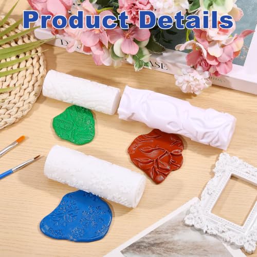 CONCHLERY 3Pcs 3Styles Polymer Clay Texture Roller Plastic Floral Embossed Pattern Handle Clay Texture Roller Pottery Tools for Pottery & Crafting Mixed Shapes White - color: White