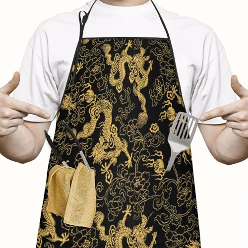 Apron with 2 Pockets,Kitchen Chef Artist Aprons for Cooking Gardening Baking Painting, Waterproof Apron 33" x 27" - color: Chinese Dragon