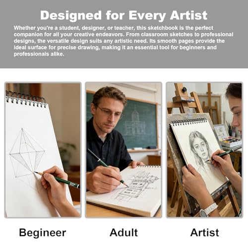 Sketchbook and Pencil Set - Spiral Bound Hardcover with 60 Sheets & 12 Charcoal Pencils (Hard/Medium/Soft) for Professional Artists and Beginners - color: Black