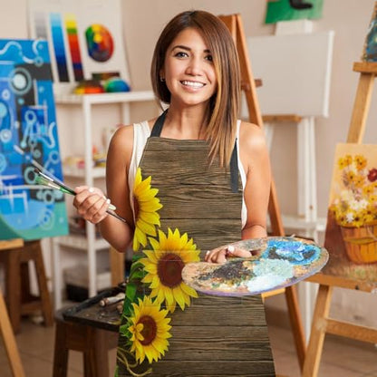 Apron with Pockets, 32x28 inch, for Women Men, Sunflowers Wooden | Autumn Flower Wood Board Waterproof Adjustable Bib Aprons for Kitchen Cooking Baking Painting Gardening - color: Sunflower Wooden