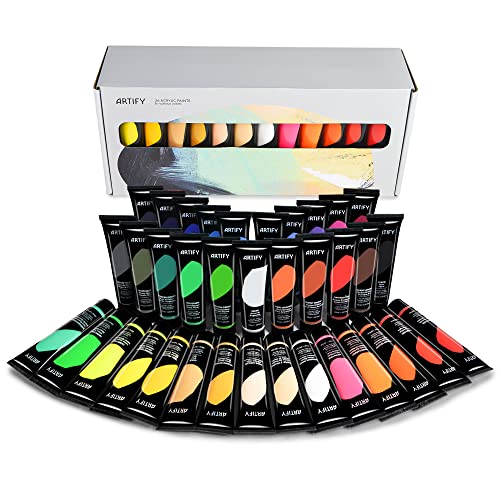 ARTIFY Acrylic Paint, Set Of 36 Color (1.29 oz, 38ml) with a storage box, Rich Pigments, Non Fading, Non Toxic Paints for Artist, Hobby Painters & Kids, Art Supplies for Canvas Painting - color: 36 Colors