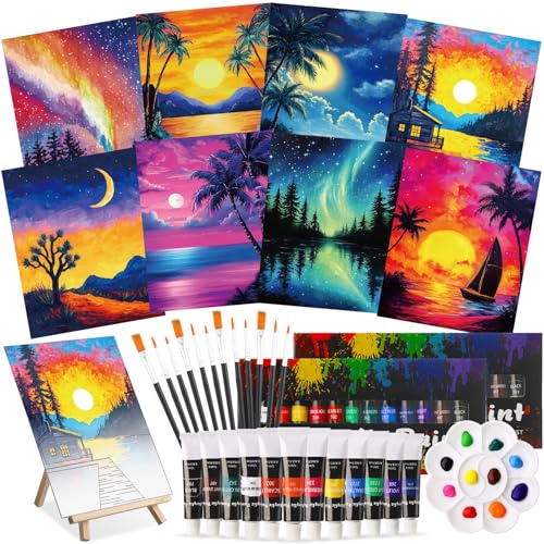 Cholemy 36 Pcs Paint and Sip Kit Gift for Adults 8''x10'',Sunset Coast | Pre Drawn Canvas, Painting DIY Afro Acrylic Painting Kit, Wood Easel Brushes, Date Night Bulk, Summer Halloween Party - style: Sunset Coast