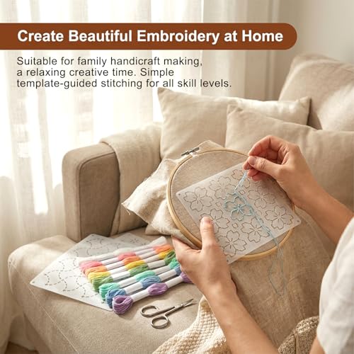 40 Pcs Sashiko Stencil Set, 5.12 x 5.12 in Plastic Geometric Sashiko Pattern Templates with 8 Colors Thread, Drawing Line Embroidery Stencils for Visible Mending, Hand Sewing and Quilting