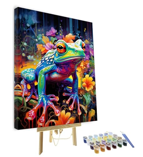 Frog DIY Paint by Number Kit - Abstract Colorful Frog in Water - Acrylic Paint on Canvas for Adults and Kids - Home Wall Decor - 16x20 Inch Framed - color: Frog Wooden Frame