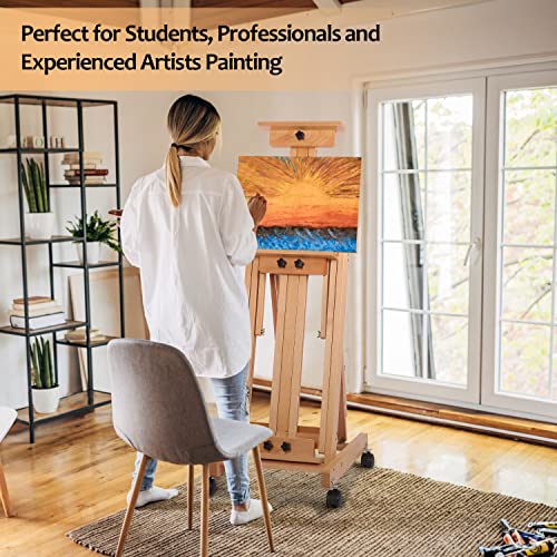Art Easel for Painting, H-Frame Standing Studio Painting Easel | Tilting Flat Adjustable with Wheels for Adults Artist, Can Holds 2 Canvases