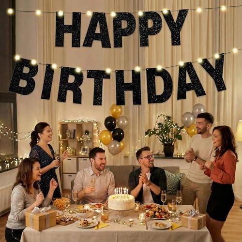 TaoBary 112 Pcs DIY Banner Letters Kit with Numbers,Black | 107 Glitter Letters Numbers with Rope and Needle, Reusable for Birthday, Halloween, Christmas, Wedding, Valentine Decor - color: Black