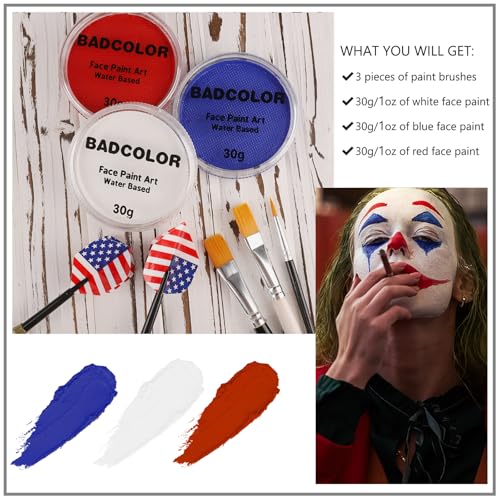 US Flag Red White and Blue Joker Face Body Paint, Water-Based Face Painting Kit with Brushes for America’s Patriotic Parades 4th of July USA Independence Day & Halloween Costume Clown Cosplay Makeup - color: White+Red+Blue+3Pcs Brushes