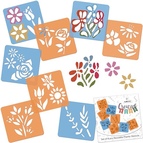 NAKLEO Painting Stencils for Kids, 8 Pcs Set 6x6” Flowers, Children Creative Drawing Templates Plastic and Reusable, DIY Decoration Arts and Crafts, Paper Wall Wood Fabric | Creative Drawing Stencils, Plastic Reusable Painting Stencil DIY Crafts, Paper Wa