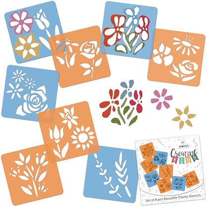 NAKLEO Painting Stencils for Kids, 8 Pcs Set 6x6” Flowers, Children Creative Drawing Templates Plastic and Reusable, DIY Decoration Arts and Crafts, Paper Wall Wood Fabric | Creative Drawing Stencils, Plastic Reusable Painting Stencil DIY Crafts, Paper Wa