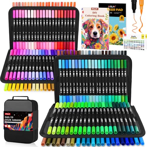 IVSUN 168 Colors Dual Tip Watercolor Markers Pens with Bag-Brush & Fine - color: 168 Colors