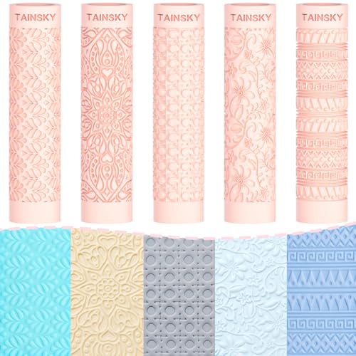 TAINSKY 5 pcs Polymer Clay Texture Roller, Pottery Stamps for Polymer Clay Earrings Jewelry, Embossing Pottery Texture Rollers for Jewelry Making#1 - color: Complex Texture