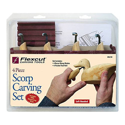 Flexcut Wood Carving Tools | Left-Handed Scorp Set of 4 Scorp Gouges | Includes Tool Roll and Strop | 1095 High Carbon Steel Blades | Ash Hardwood Handles | KNL150 | Made in the U.S.A. - style: Left-Handed Scorp Set