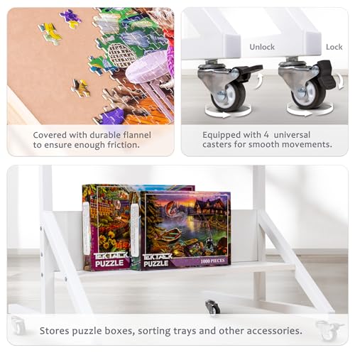 Tektalk Jigsaw Puzzle Table with Angle & Height Adjustment, Wooden Puzzle Board with Cover & 4 Colored Drawers, Tilting Puzzle Easel with Legs & 4 Roller Wheels, for Up to 1500 Pieces