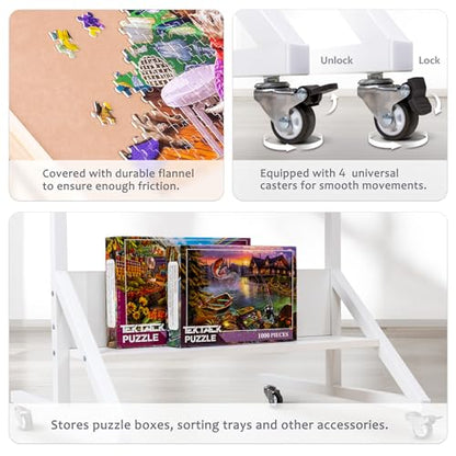 Tektalk Jigsaw Puzzle Table with Angle & Height Adjustment, Wooden Puzzle Board with Cover & 4 Colored Drawers, Tilting Puzzle Easel with Legs & 4 Roller Wheels, for Up to 1500 Pieces