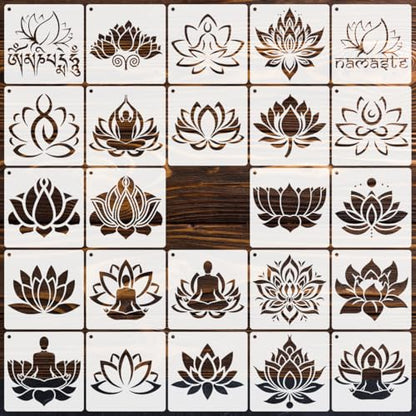 24pcs Lotus and Buddha Stencil Spiritual Symbol Templates Reusable Mandala Templates with Intricate Floral Design for DIY Wall Art, Wood Signs, Fabric, Canvas & Tile | Home Decor Craft Supplies